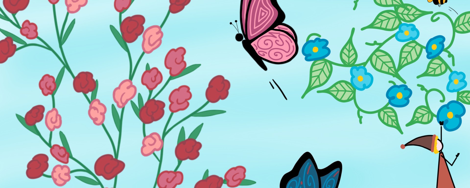 Dessin de lutins en train de ramasser des fleurs au milieu des papillons