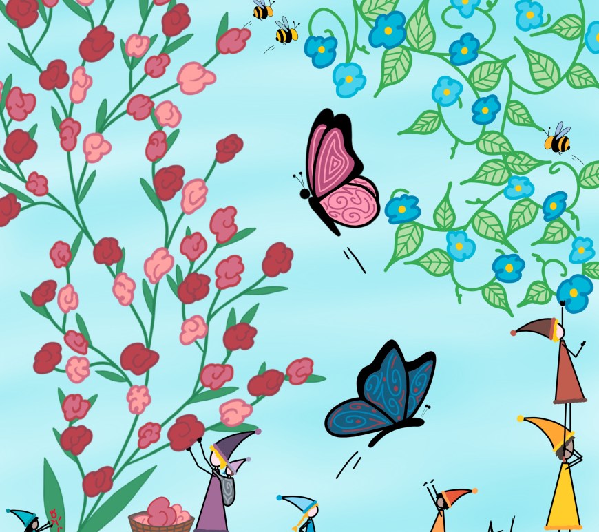 Dessin de lutins en train de ramasser des fleurs au milieu des papillons