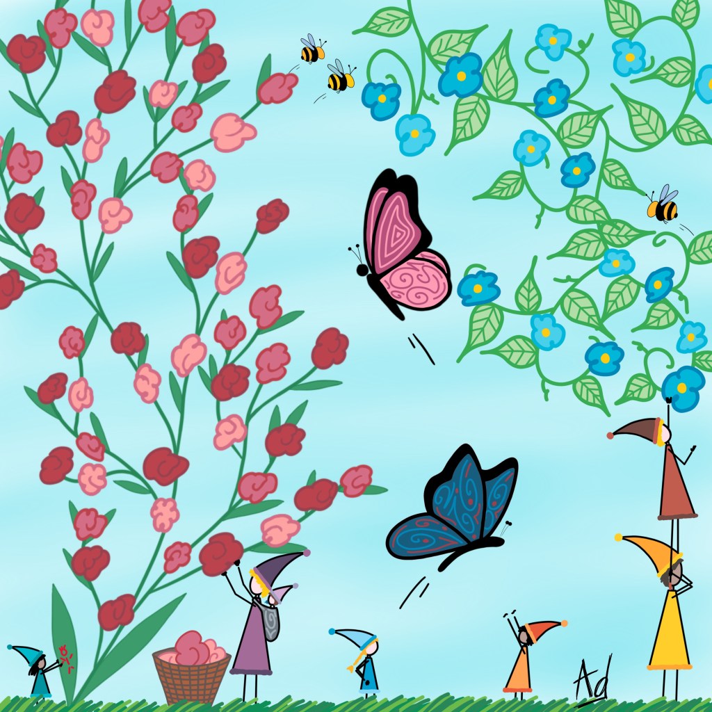 Dessin de lutins en train de ramasser des fleurs au milieu des papillons