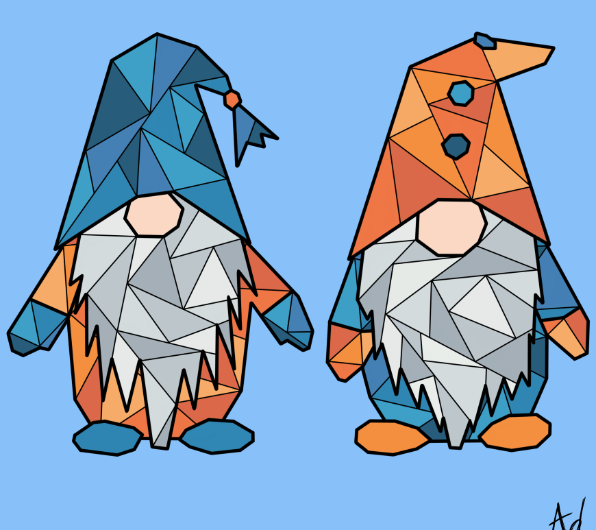 geometric orange and blue gnomes