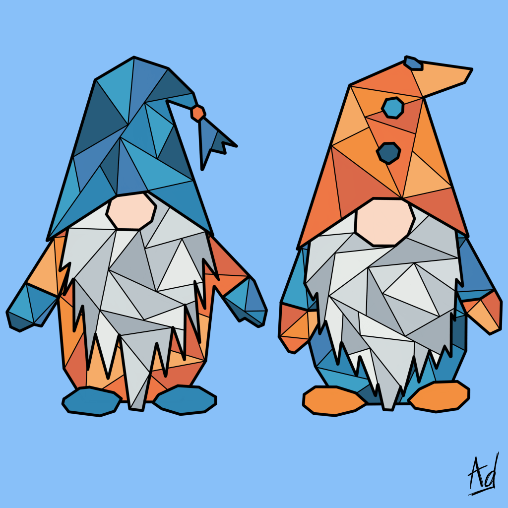 geometric orange and blue gnomes