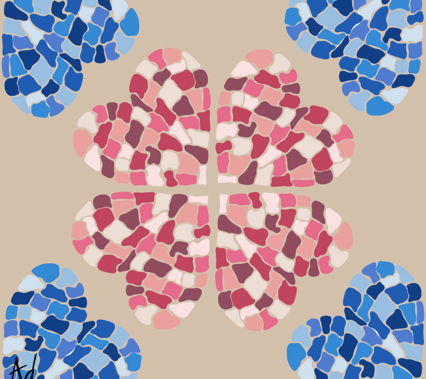 motif géométrique de coeurs bleus et roses