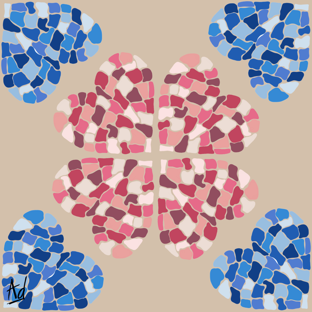 motif géométrique de coeurs bleus et roses